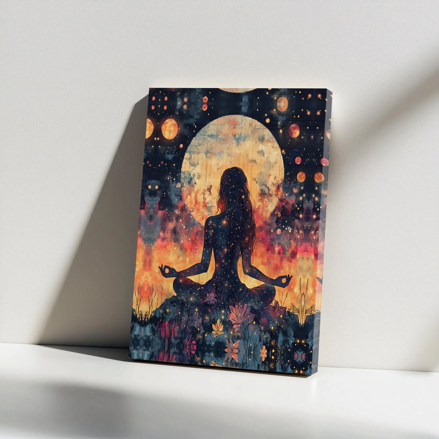 Meditating Woman Canvas Wall Art | Cosmic Moon Spiritual Zen Design | Gallery-Wrapped Premium Print | Meditation Room Decor Gift