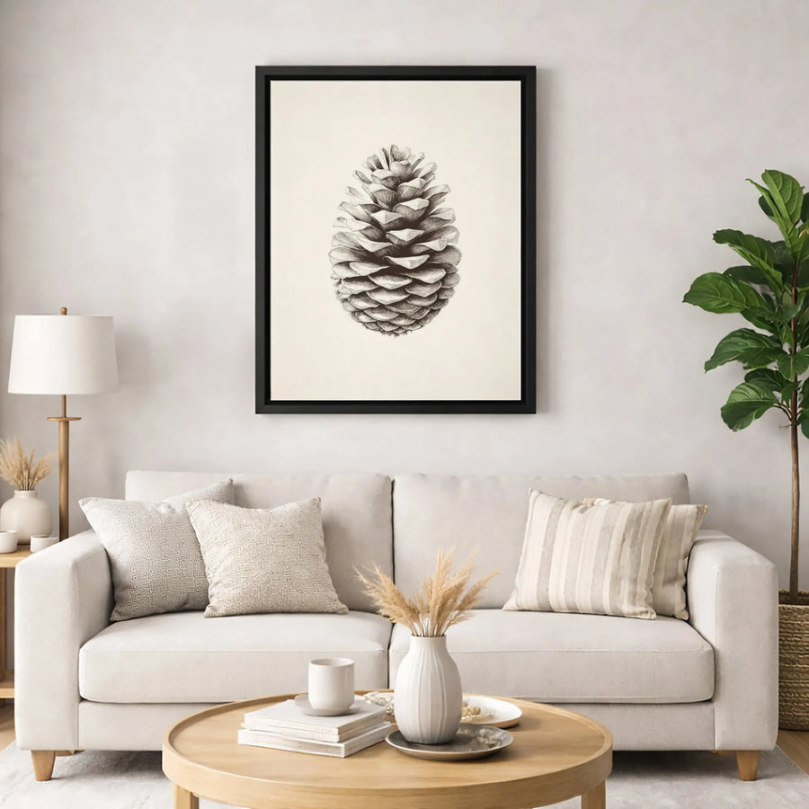 Pinecone Botanical Wall Art | Minimalist Black and White Sketch | Premium 1.25-Inch Thick Gallery Canvas | Nature Inspired Home Decor Gift