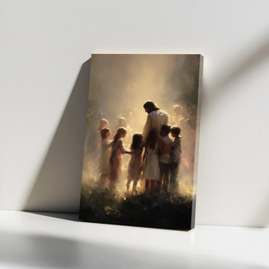 Jesus with Children Canvas Wall Art | Impressionist 'Let The Children Come To Me' Painting | Premium Thick Gallery Canvas | Inspirational Christian Gift