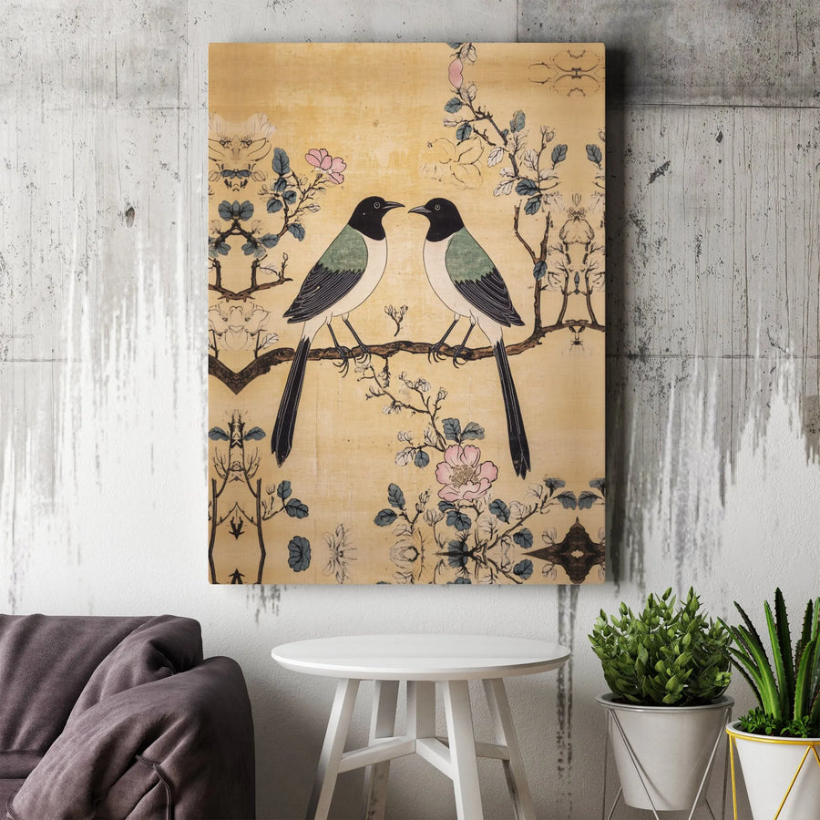Vintage Magpie Bird Canvas Print | Asian Chinoiserie Floral Branch Art | Premium Gallery Wrapped Wall Decor | Elegant Home Gift For Nature Lovers