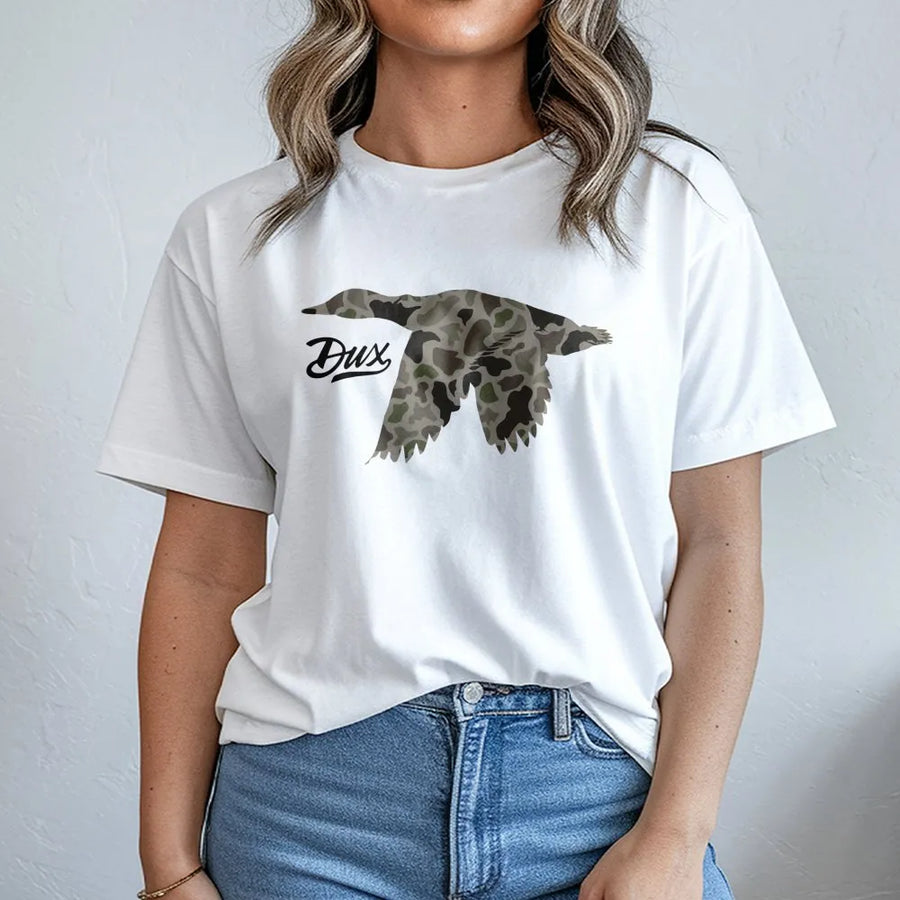 Duck Hunting T-Shirt | Camo Mallard Silhouette Graphic | Soft Cotton Premium Apparel | Gift for Outdoorsmen and Waterfowl Hunters