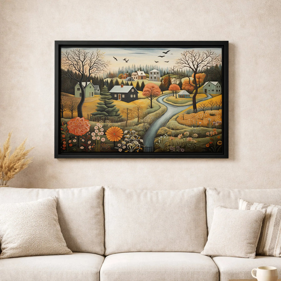Folk Art Autumn Village Canvas Print | Pastoral Countryside Landscape Wall Art | Premium Gallery-Wrapped 1.25" Profile | Seasonal Home Decor Gift