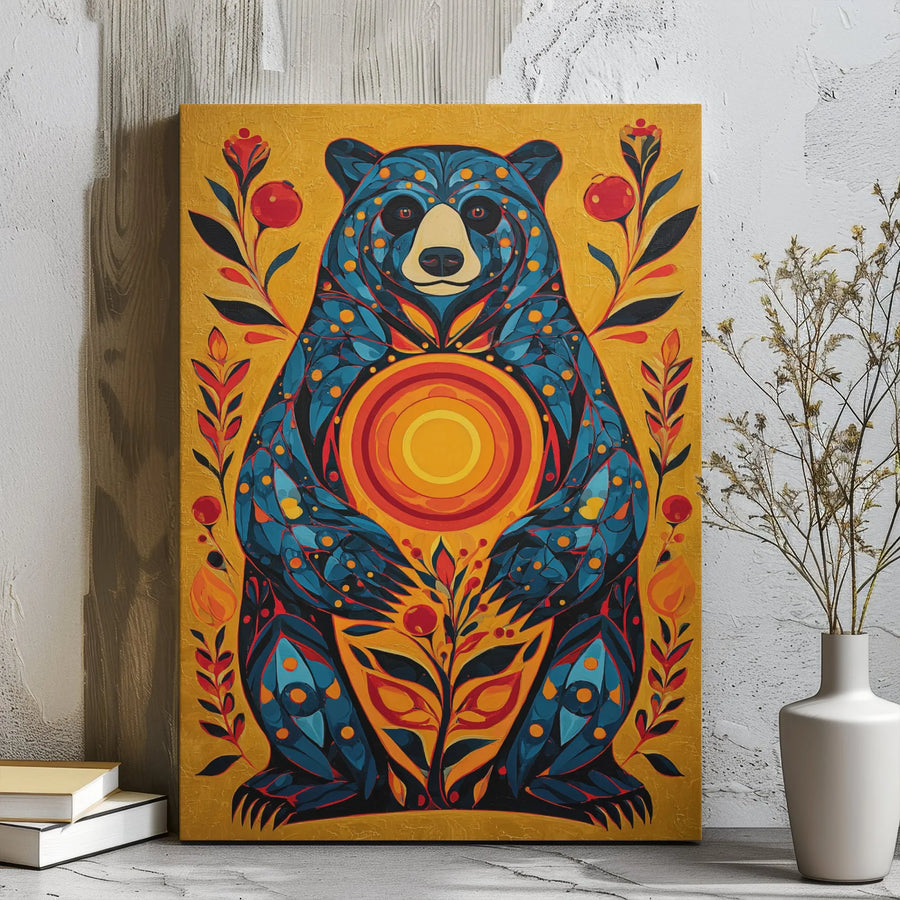 Boho Folk Art Bear Canvas | Sun Symbol Floral Wall Decor | Premium 1.25-Inch Gallery Wrap | Wildlife Animal Art for Nature Lover Gift