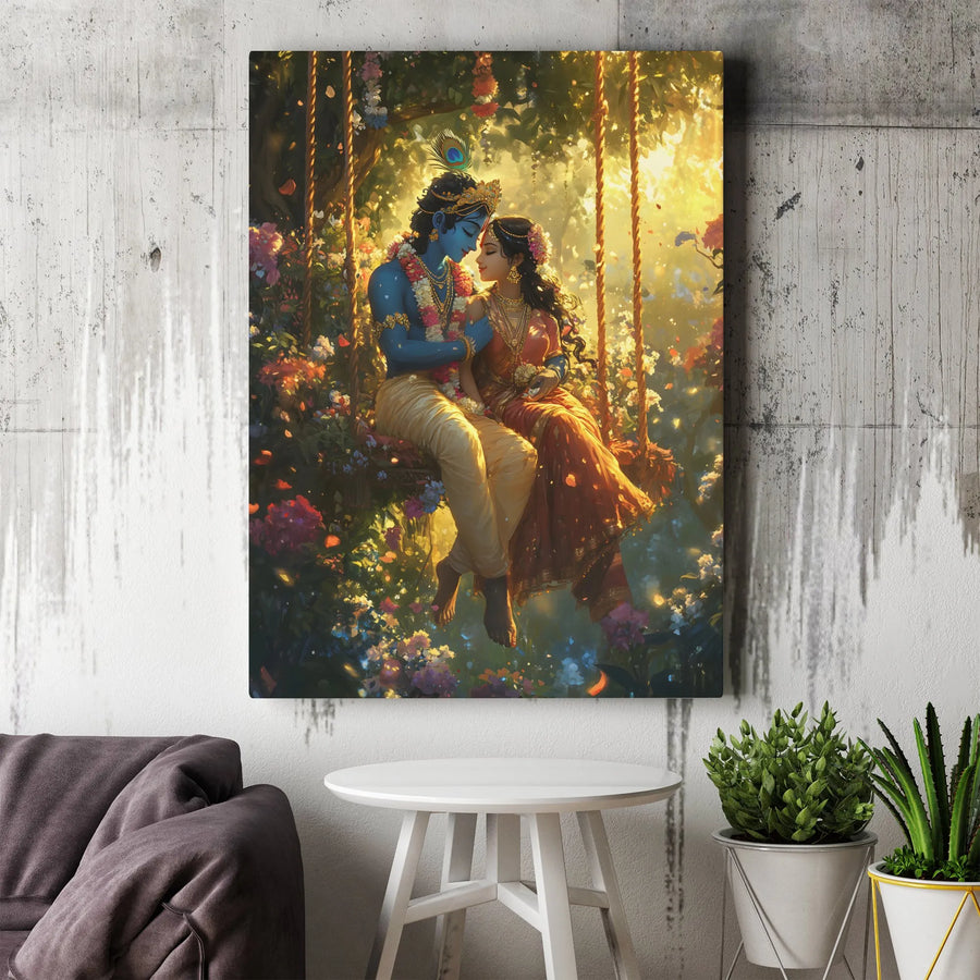 Radha Krishna Canvas Wall Art | Romantic Hindu Deity Painting on Swing | Premium Fade-Resistant Decor | Spiritual Home and Office Gift