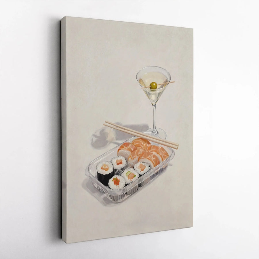 Sushi and Martini Still Life Canvas Wall Art | Modern Kitchen Food Illustration | Premium Gallery Wrapped Print | Unique Bar Decor Gift Idea