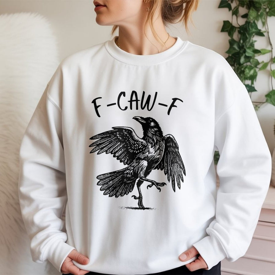 F-Caw-F Crow Sweatshirt | Funny Raven Pun Graphic | Soft Cotton Blend Crewneck | Sassy Bird Lover Gift for Men and Women