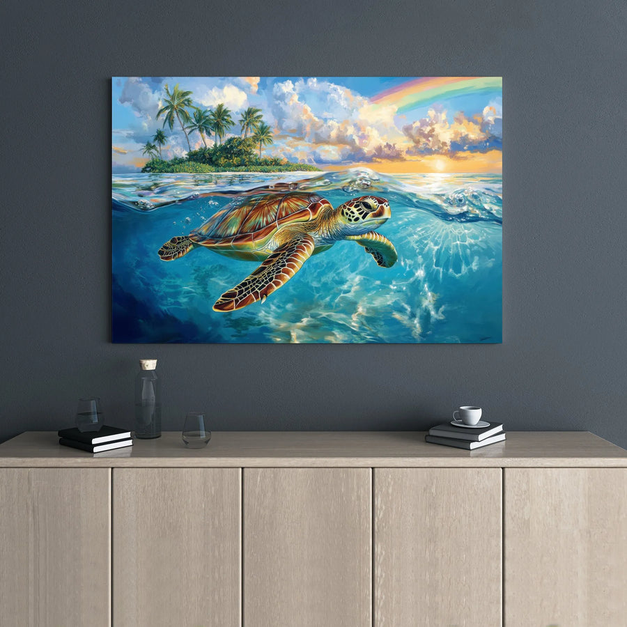 Sea Turtle Tropical Ocean Canvas Wall Art | Island Sunset With Rainbow Design | Premium 1.25" Gallery Wrap | Coastal Decor Gift For Beach Lovers