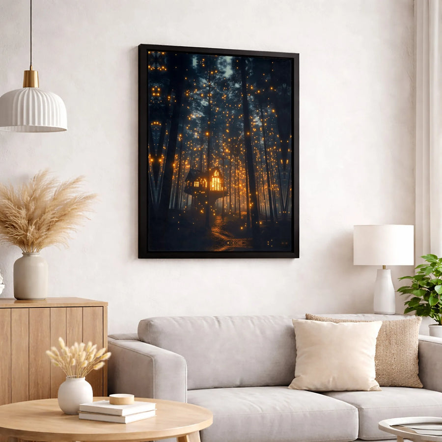 Enchanted Forest Treehouse Canvas | Magical Firefly Woodland Art | Premium 1.25-Inch Gallery Wrap | Whimsical Nature Decor Gift