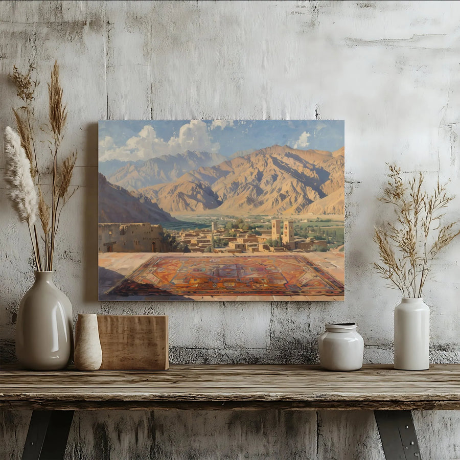 Persian Rug Art Canvas Print | Desert Mountain Village Landscape | 1.25-Inch Gallery Wrap | Bohemian Home Decor Wall Art