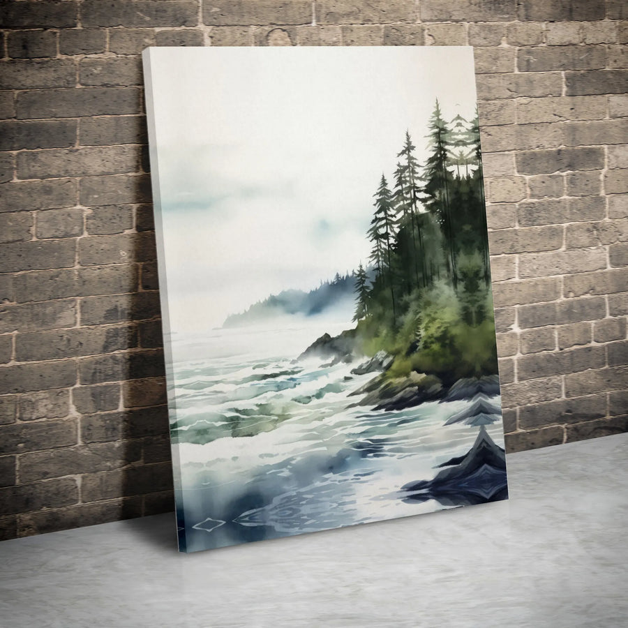 Misty Forest Coastline Canvas Art | Watercolor Seascape with Pine Trees | Premium Gallery Wrapped Print | Nature Lover Gift for Living Room Decor