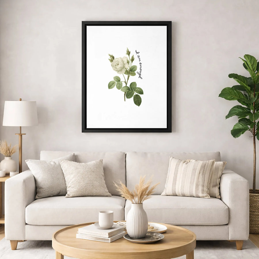 I Am Enough Floral Wall Art | Vintage Botanical White Rose Canvas | Premium Gallery-Wrapped Print | Inspirational Bedroom Decor Gift