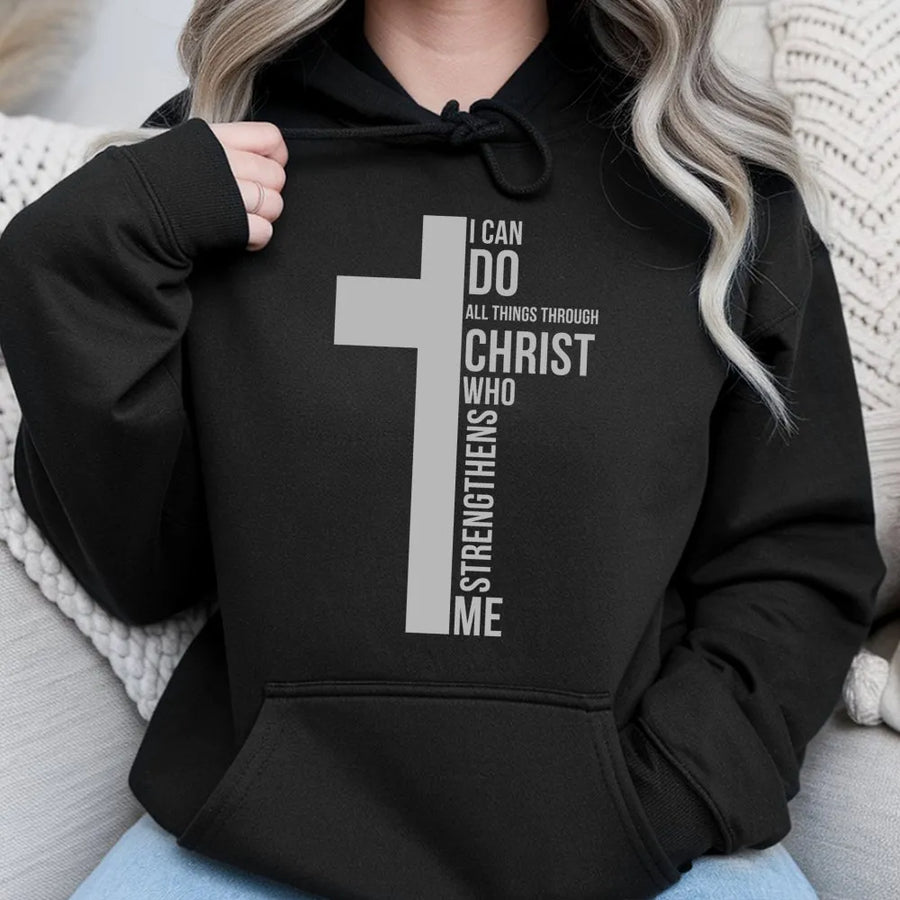 I Can Do All Things Through Christ Hoodie | Inspirational Bible Verse Cross Graphic | Premium Cotton Blend | Religious Gift for Men and Women