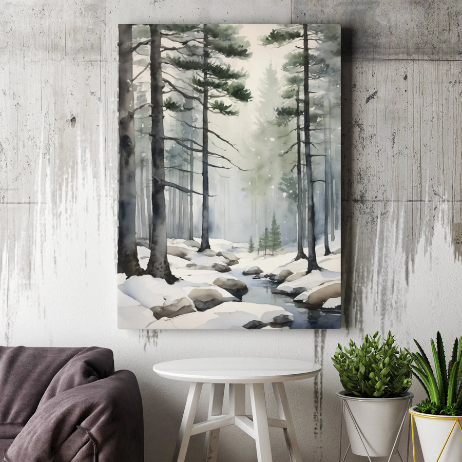 Winter Forest Canvas Wall Art | Snowy Pine Tree Watercolor Landscape | Gallery Wrap Professional Print | Serene Nature Home Decor Gift
