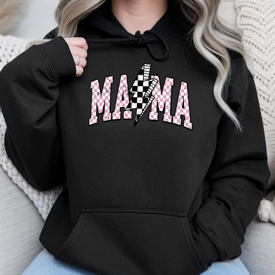 Retro Mama Hoodie | Checkerboard Lightning Bolt Varsity Graphic | Soft Cotton Blend | Mothers Day Gift for New Mom