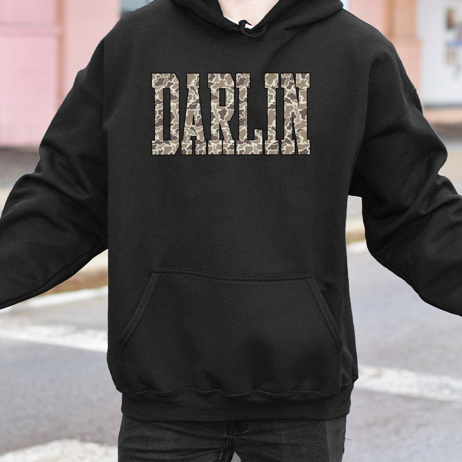 Darlin Camo Hoodie | Varsity Letter Graphic Pullover | Premium Cotton-Poly Blend | Southern Style Gift for Women