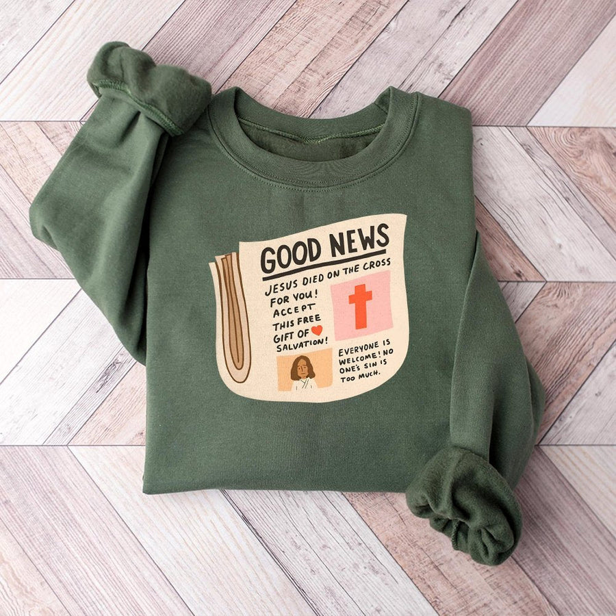 Good News Christian Sweatshirt | Vintage Newspaper Design | Premium Cotton Blend | Faith-Based Apparel Gift for Men and Women