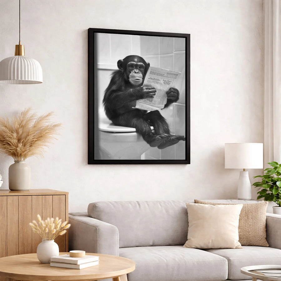 Funny Chimpanzee Toilet Poster | Reading Monkey Bathroom Wall Art | Premium Black And White Canvas | Unique Gag Gift For Bathroom Decor