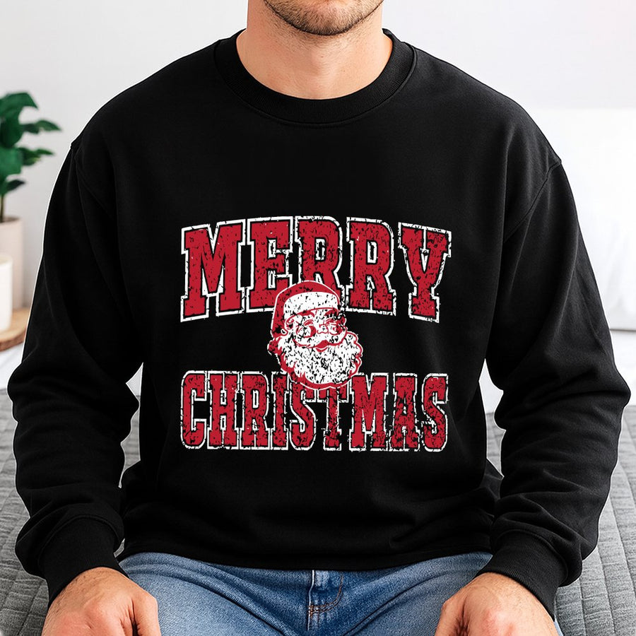 Merry Christmas Santa Sweatshirt | Distressed Retro Graphic Print | Cotton Blend Crewneck | Holiday Gift For Women And Men