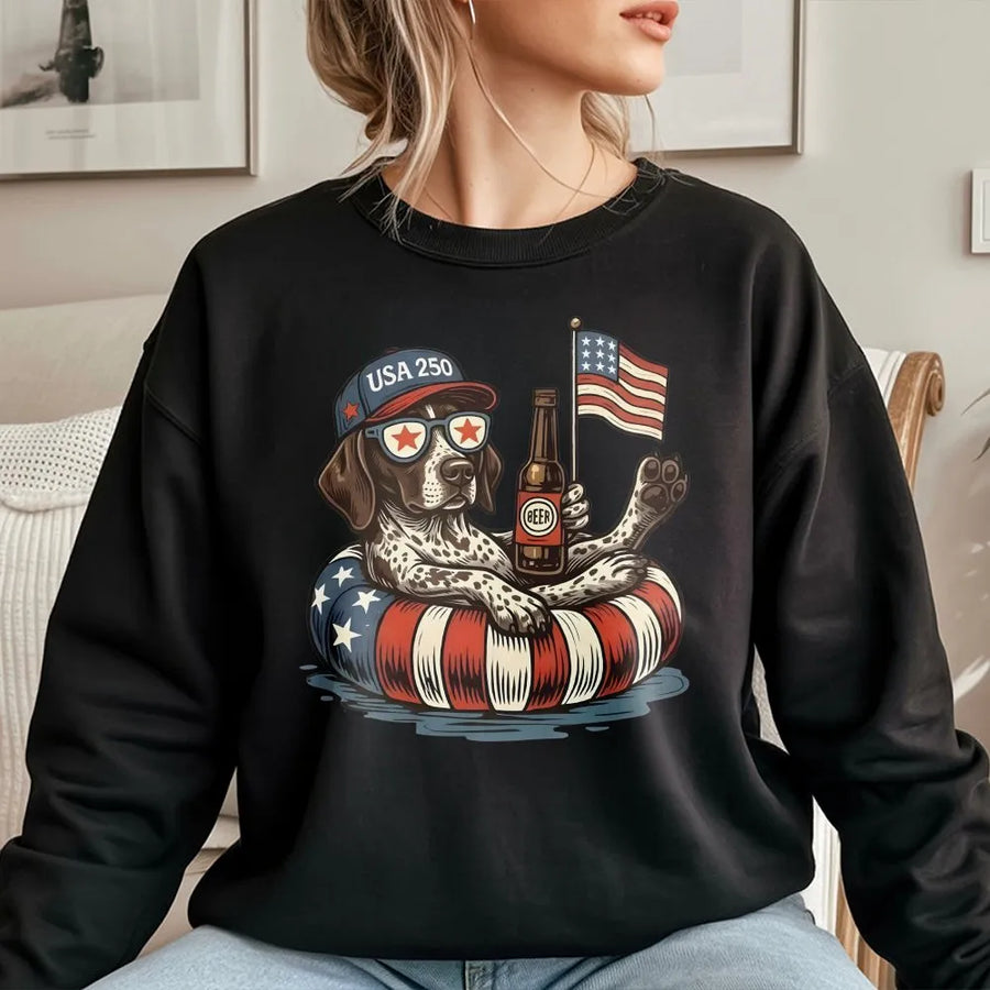 USA 250th Anniversary Dog Sweatshirt | Patriotic Dog with American Flag | Cozy Cotton Blend Crewneck | Independence Day Gift for Dog Lovers