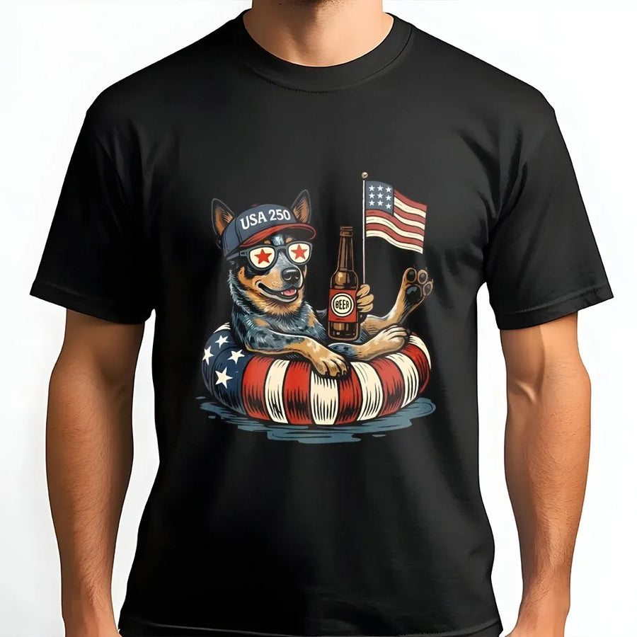 USA 250 Patriotic Dog T-Shirt | Funny Blue Heeler with American Flag | Soft Cotton Blend | 4th of July Gift for Men and Women