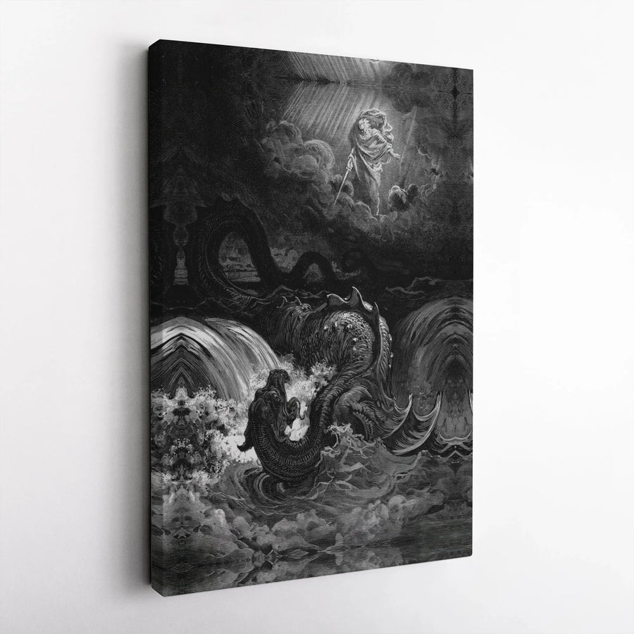Destruction Of Leviathan Wall Art | Gustave Dore Biblical Engraving Print | Premium Gallery Wrapped Canvas | Moody Gothic Home Decor Gift
