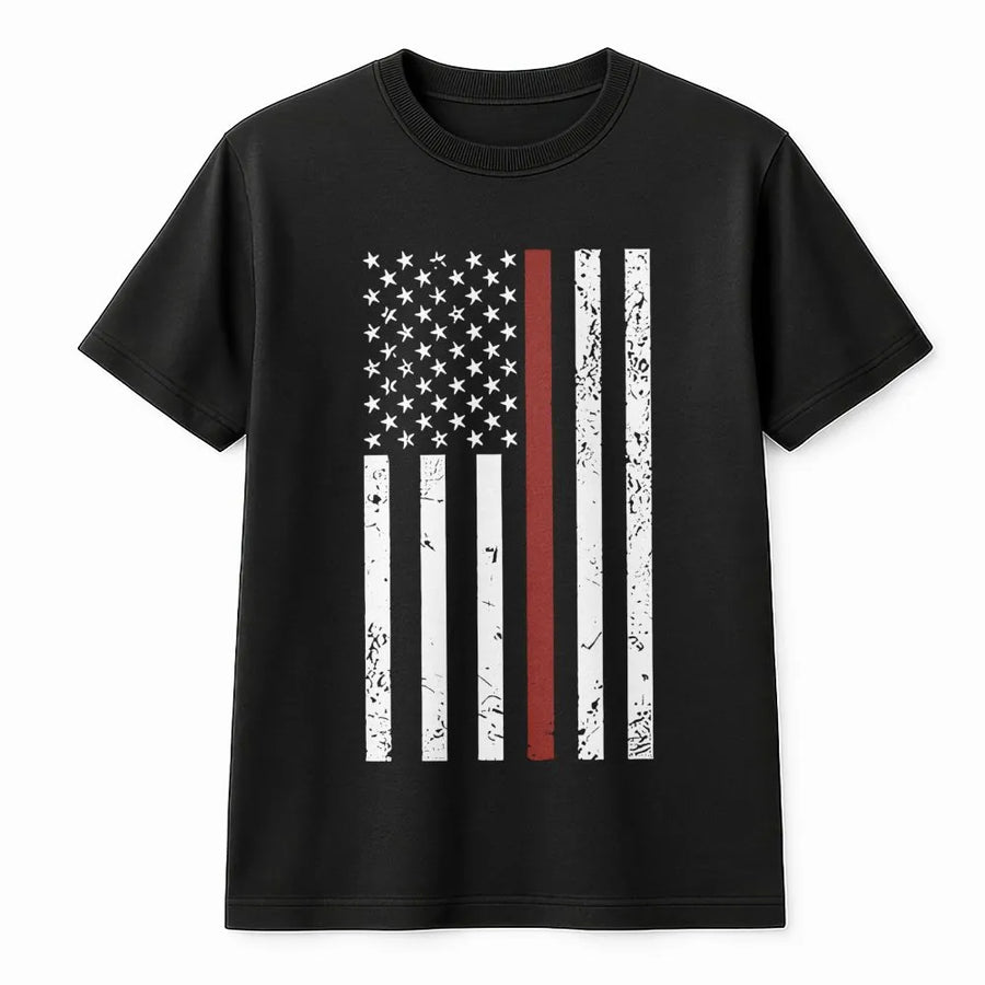 Thin Red Line American Flag T-Shirt | Distressed Firefighter Graphic | Premium 100% Cotton | Proud Fireman Gift & Apparel