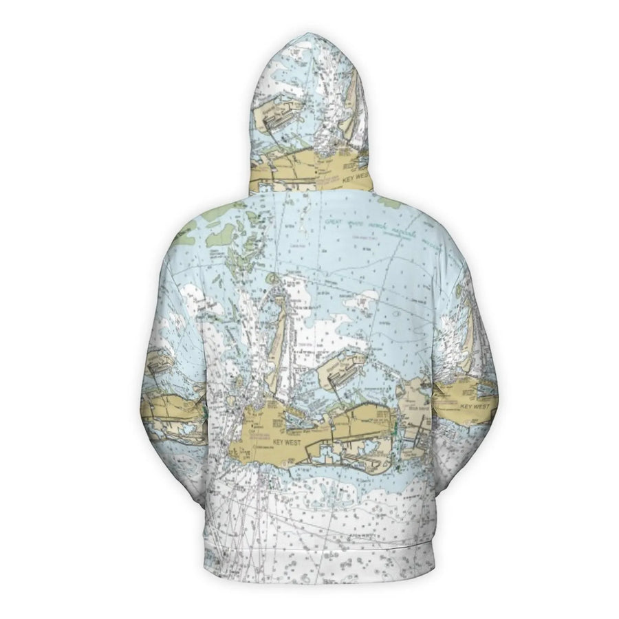 Key West Nautical Chart Hoodie | All-Over Map Print Pullover | Premium Brushed Fleece Lining | Gift For Boaters & Sailors