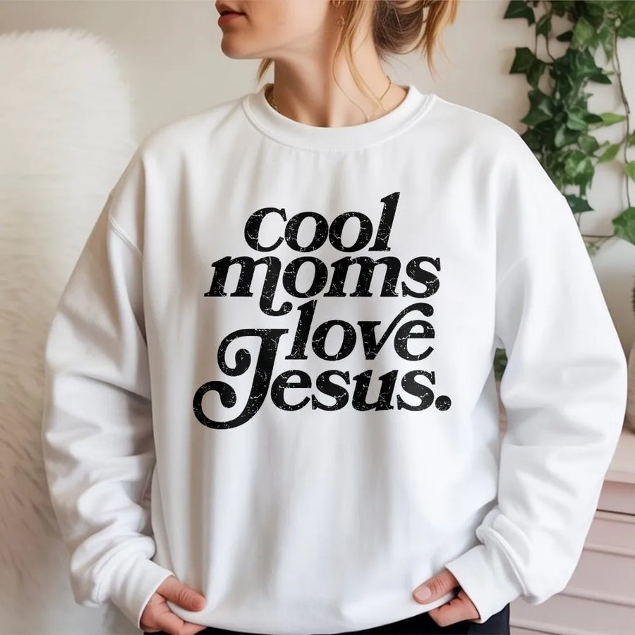 Cool Moms Love Jesus Sweatshirt | Retro Distressed Faith Graphic | Soft Cotton Blend Pullover | Christian Mom Gift