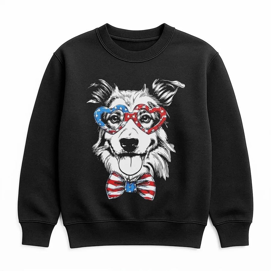 Patriotic Dog Sweatshirt | Border Collie with USA Flag Glasses | Soft Cotton Blend Pullover | Unisex 4th of July Gift for Dog Lover