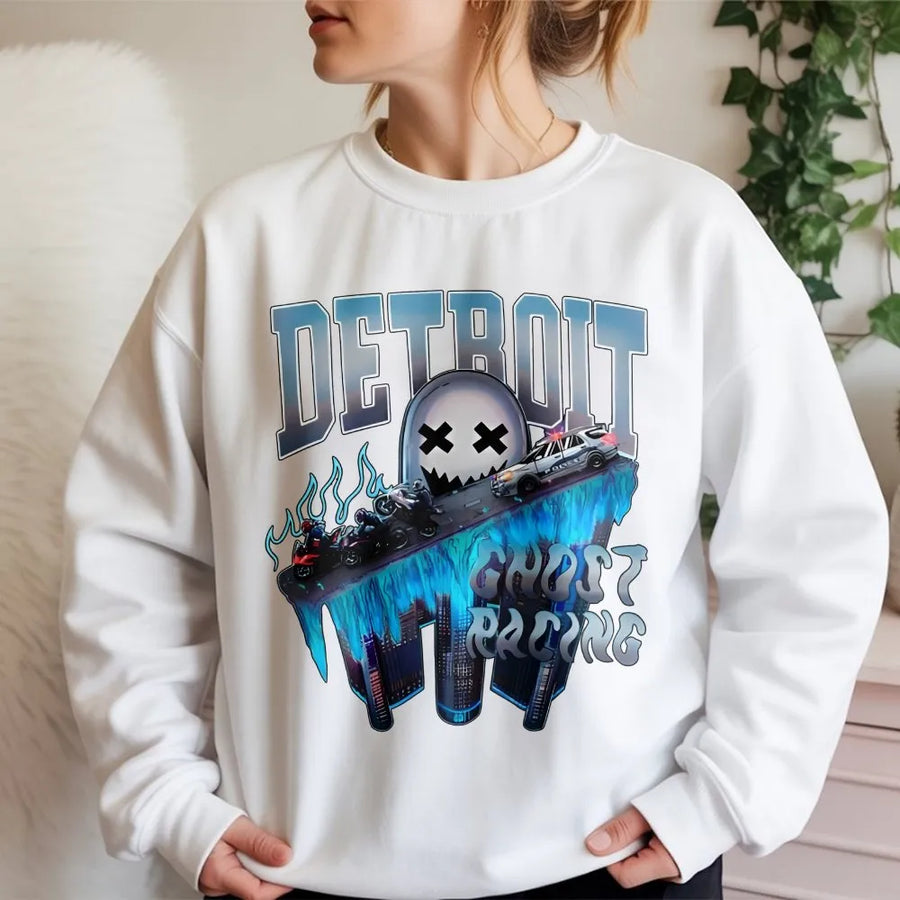 Detroit Ghost Racing Sweatshirt | Urban Streetwear Graphic Design | Premium Cotton Blend | Gift For Motorcycle Riders And Street Biker Fans