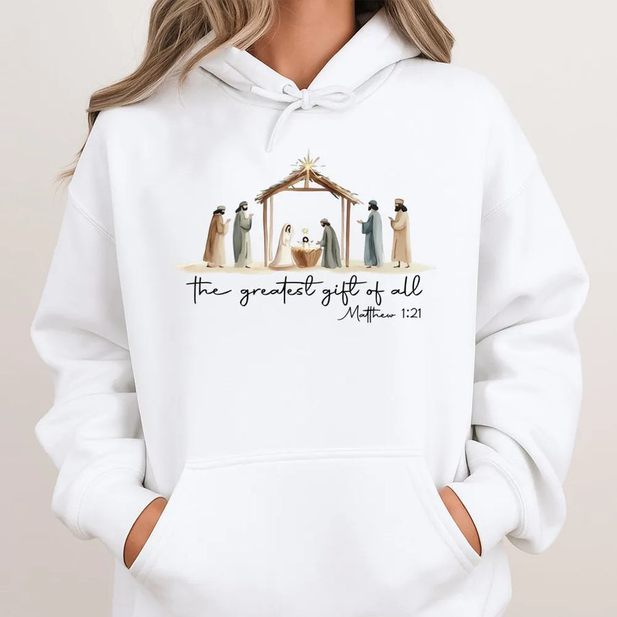 Nativity Scene Hoodie | The Greatest Gift Of All Christian Design | Soft Premium Cotton Blend | Religious Christmas Gift For Men And Women