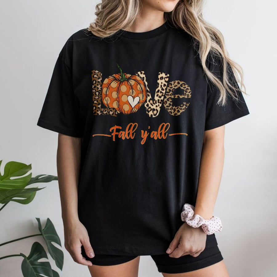 Fall Y'all Pumpkin T-Shirt | Leopard Print Autumn Graphic | Premium Cotton Seasonal Tee | Cute Thanksgiving Gift For Women