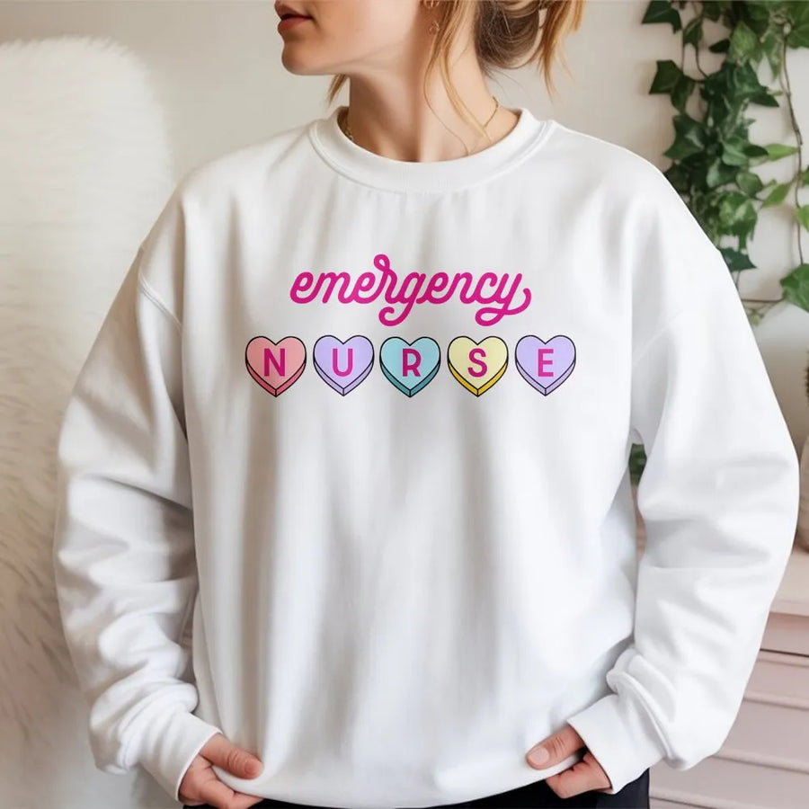Emergency Nurse Sweatshirt | Valentine Candy Heart Design | Premium Cotton Blend | Cute ER Nursing School Graduation Gift for Her