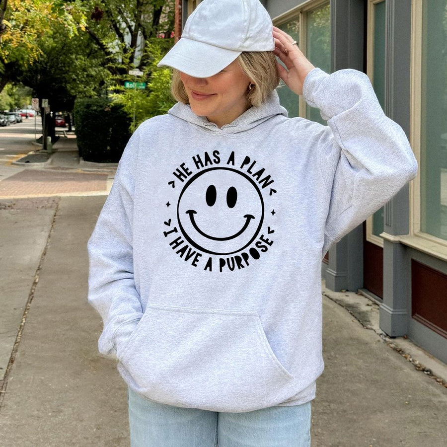 He Has A Plan I Have A Purpose Hoodie | Christian Faith Smiley Face Graphic | Premium Cotton-Blend | Religious Gift for Men and Women