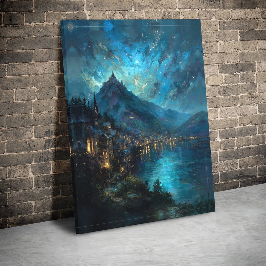 Fantasy Mountain Castle Wall Art | Enchanted Lakeside Town at Night | Premium Gallery Wrapped Canvas | Whimsical Home Decor Gift