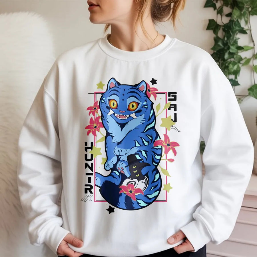 Blue Tiger Anime Sweatshirt | Derpy Fantasy Cat Graphic | Premium Cotton Blend | Streetwear Gift for Teens & Anime Fans