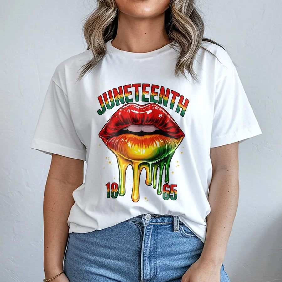 Juneteenth 1865 T-Shirt | Dripping Pan-African Flag Lips Design | Premium Soft Cotton Tee | Black Pride Freedom Day Apparel for Men and Women
