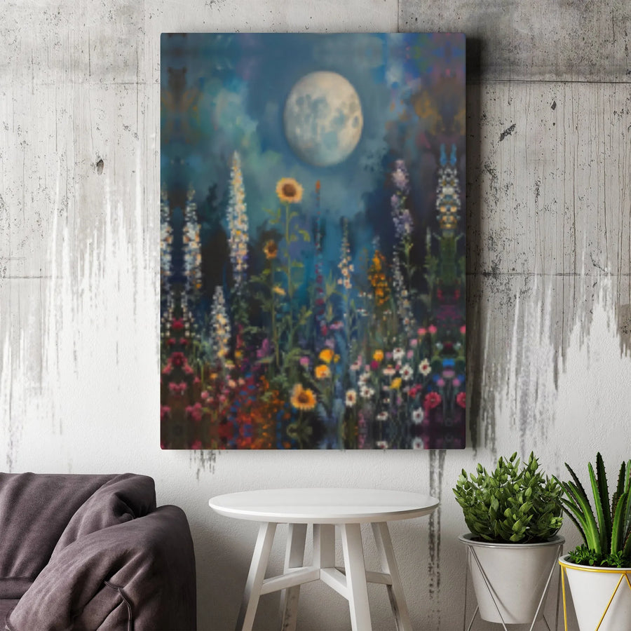 Midnight Wildflower Garden Canvas | Full Moon Botanical Art Print | 1.25 Inch Gallery Wrap | Premium Nature Wall Decor for Home Office