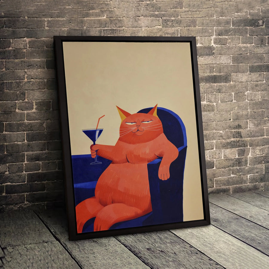 Funny Orange Cat Canvas Print | Relaxed Tabby With Martini Cocktail | Premium Gallery Wrapped Decor | Whimsical Animal Wall Art Gift