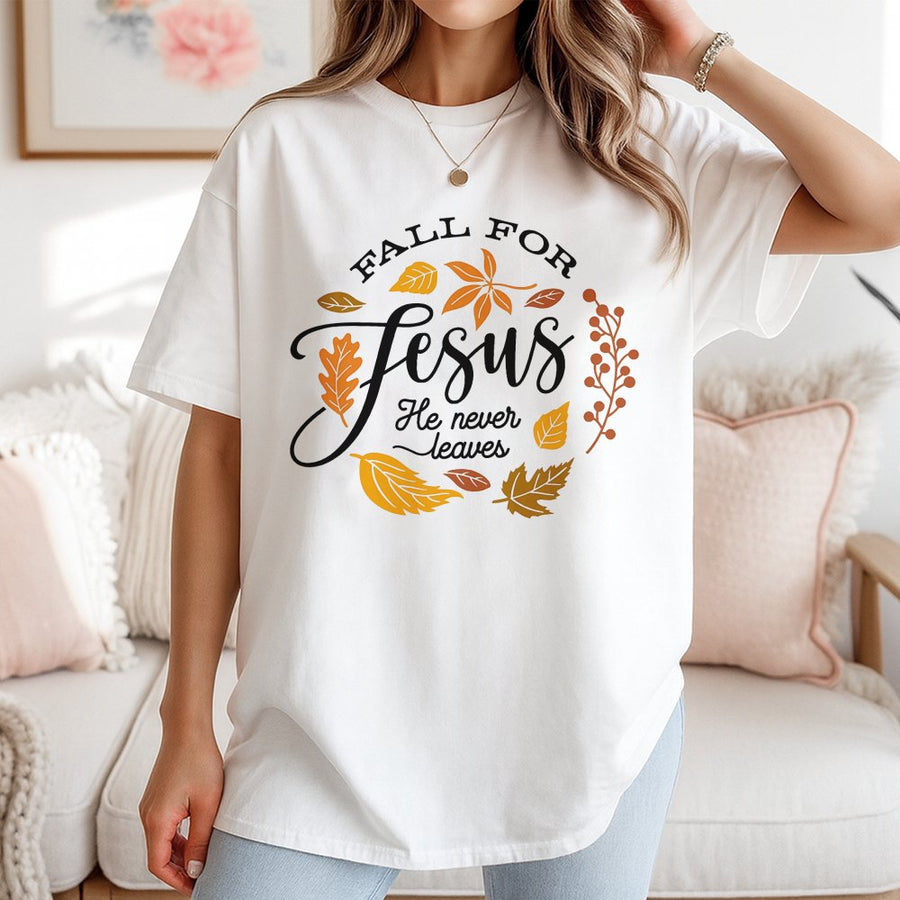 Fall For Jesus T-Shirt | Christian Faith Autumn Graphic Tee | Premium 100% Cotton Shirt | Religious Thanksgiving Gift for Women & Men