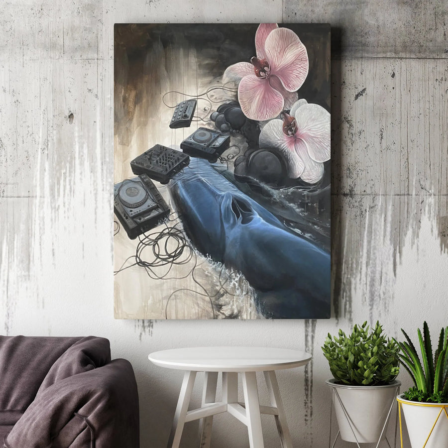 Surreal Whale DJ Vertical Canvas | Abstract Ocean Music & Orchid Art | Premium Thick Gallery Wrap Canvas | Collector's Gift for Music Lover