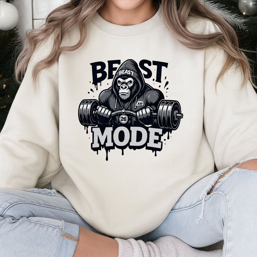 Beast Mode Sweatshirt | Powerlifting Gorilla Gym Graphic | Premium Cotton Blend Unisex Crewneck | Motivational Fitness Gift for Lifters