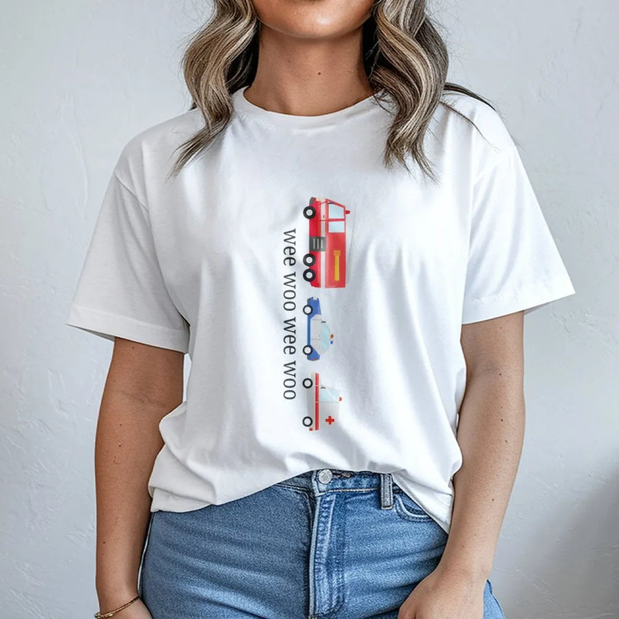 Emergency Vehicle T-Shirt | Wee Woo Sound Graphic Tee | Premium Cotton Soft Crewneck | Toddler Kids Boys Fire Truck Police Ambulance Gift