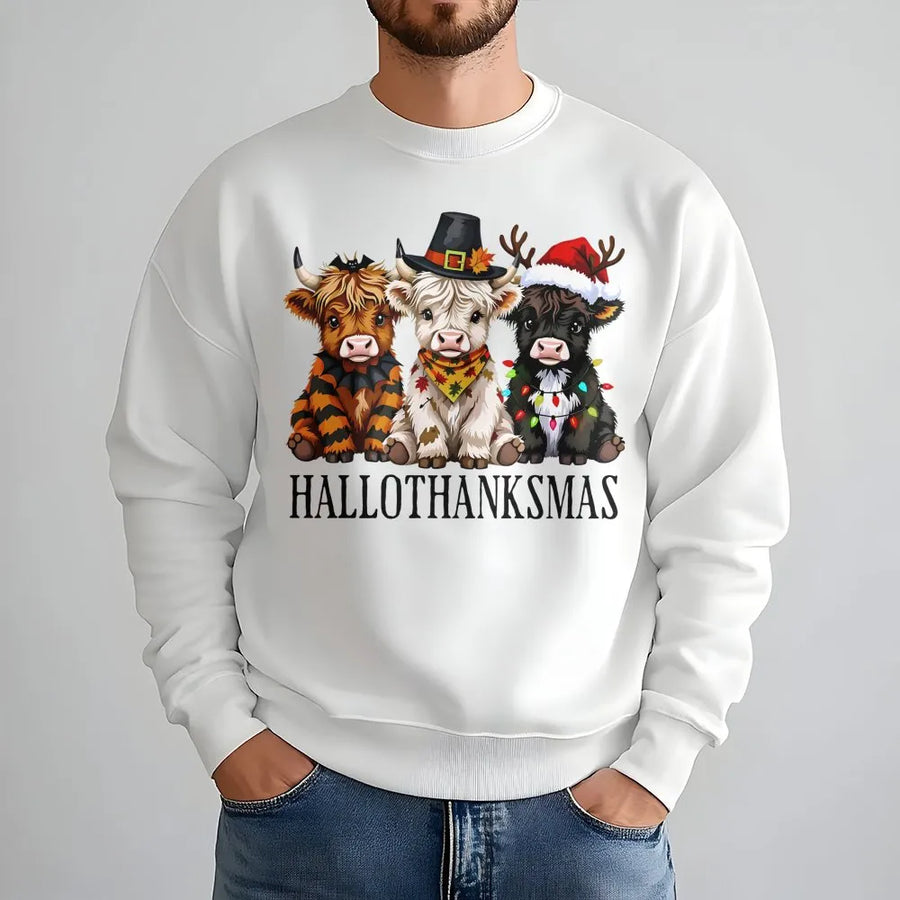 Highland Cow Christmas Sweatshirt | Cute Hallothanksmas Holiday Graphic | Premium Cotton Blend Crewneck | Unisex Funny Fall Winter Gift