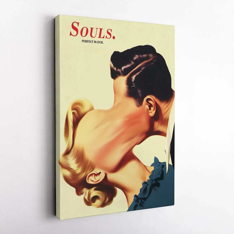 Surreal Couple Canvas Print | Retro Soulmates Kissing Illustration | Premium Gallery Wrapped Canvas | Modern Home Decor Gift