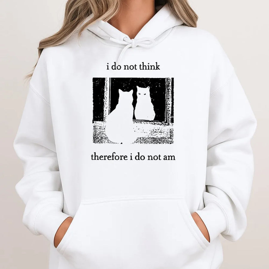 I Do Not Think Therefore I Do Not Am Hoodie | Funny Philosophical Cat Graphic | Premium Cotton Blend | Gift for Cat Lovers and Book Nerds