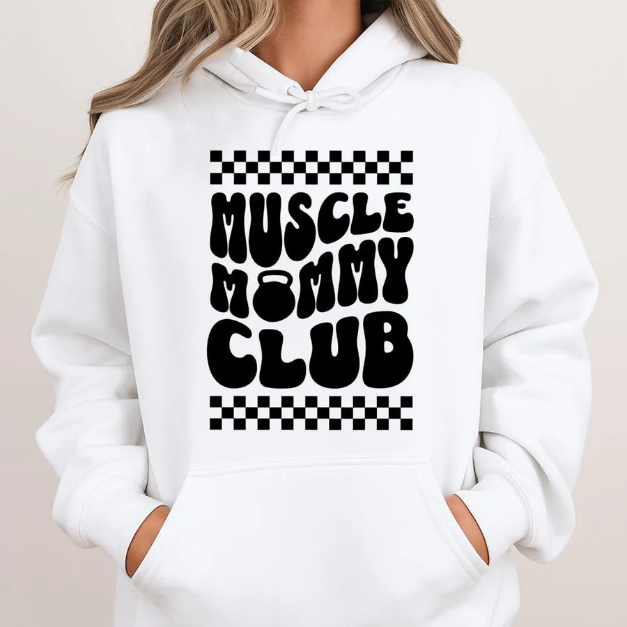 Muscle Mommy Club Hoodie | Retro Checkerboard Weightlifting Design | Premium Soft Fleece Blend | Funny Gym Pump Cover Gift For Her