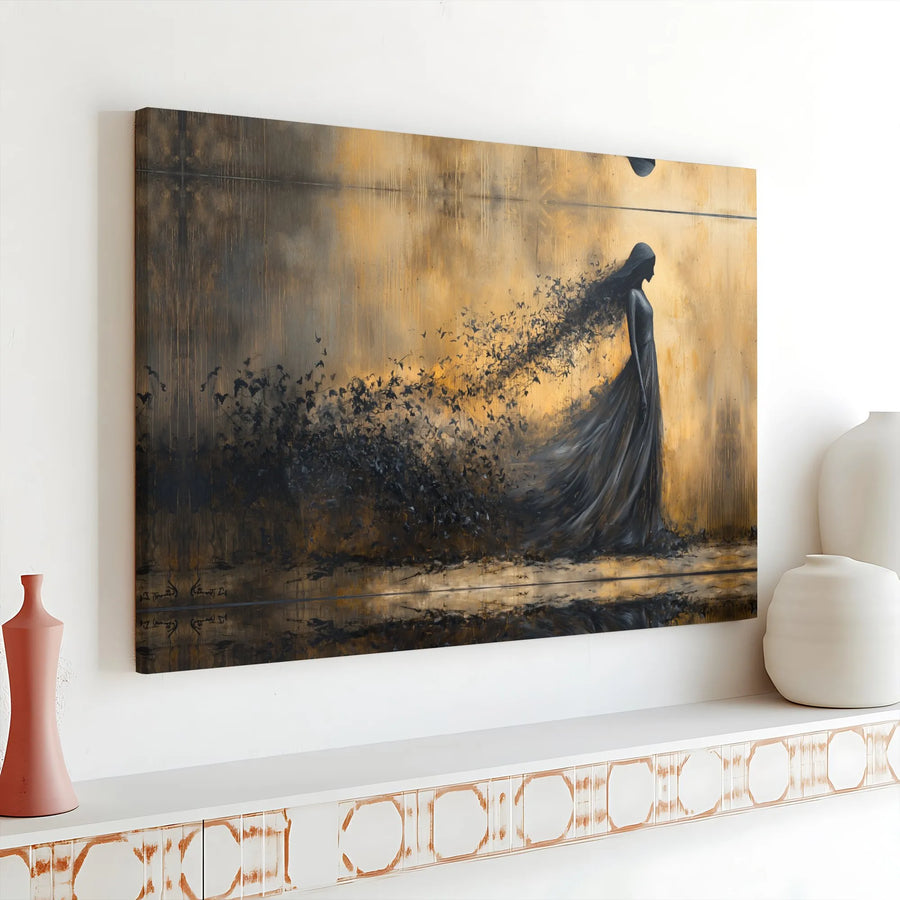 Abstract Woman Canvas Wall Art | Silhouette Dissolving Into Birds | Premium Gallery Wrap Print | Elegant Home Decor Gift For Her