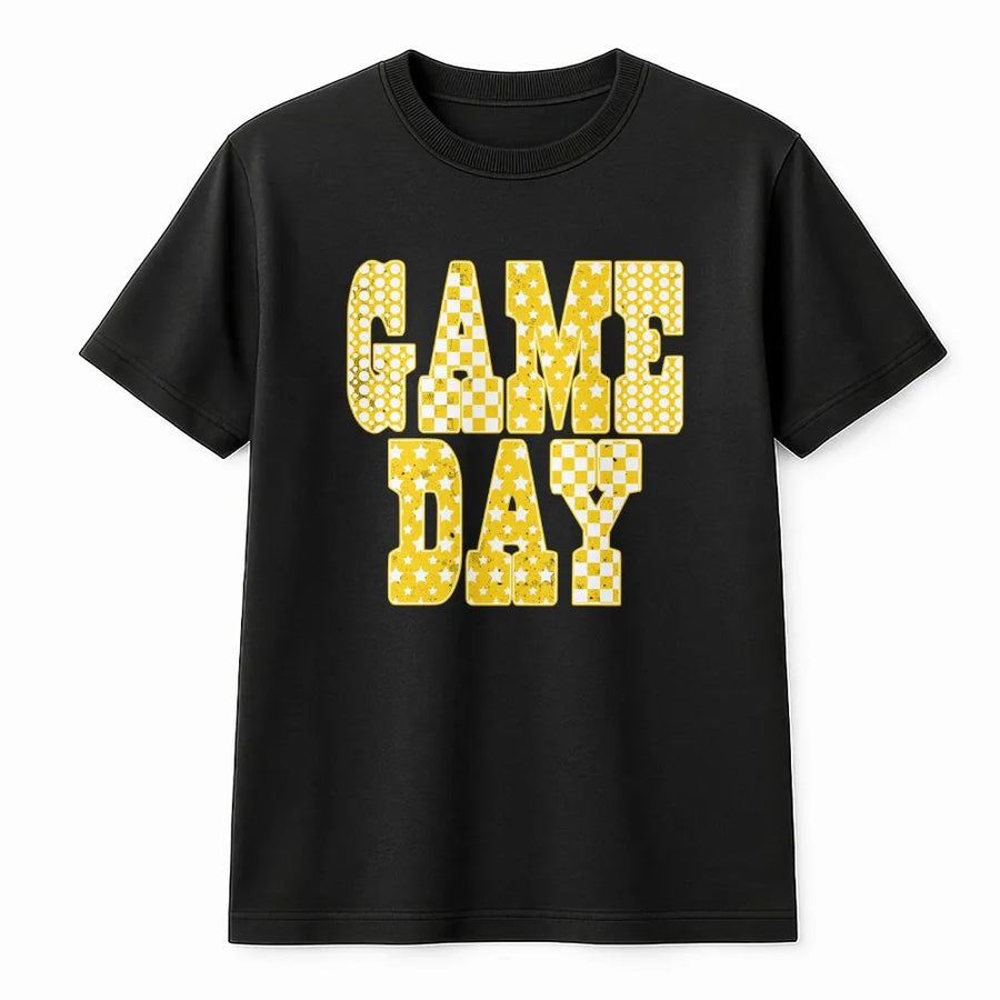 Game Day T-Shirt | Retro Yellow Checkered Star Graphic | Cozy Cotton Blend | Gift for Football Mom, Preppy Tailgate Apparel