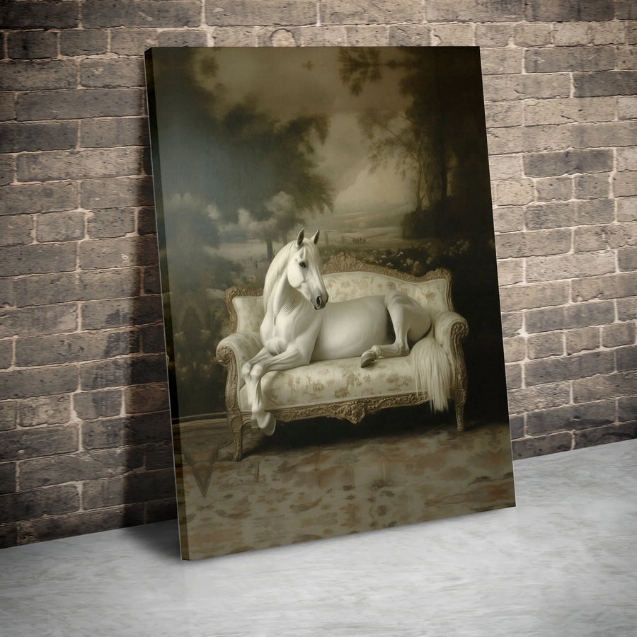 White Horse Wall Art | Vintage Victorian Sofa Portrait | Premium Gallery Wrapped Canvas | Elegant Equestrian Home Decor Gift